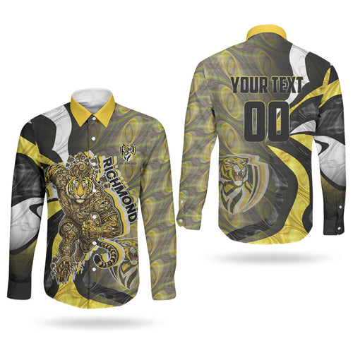 Personalised Richmond Tigers Couples Matching Off Shoulder Maxi Dress and Long Sleeve Button Shirt Trippy Psychedelic Abstract Art Mascot Football Fans