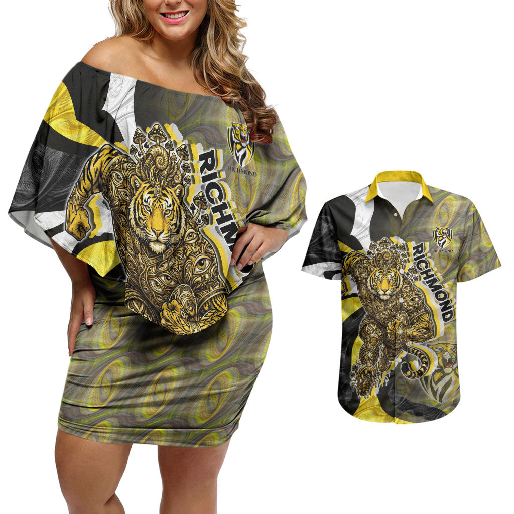 Personalised Richmond Tigers Couples Matching Off Shoulder Short Dress and Hawaiian Shirt Trippy Psychedelic Abstract Art Mascot Football Fans