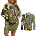 Personalised Richmond Tigers Couples Matching Off Shoulder Short Dress and Long Sleeve Button Shirt Trippy Psychedelic Abstract Art Mascot Football Fans