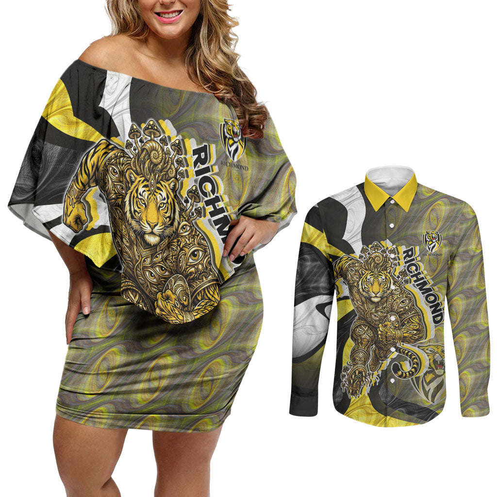 Personalised Richmond Tigers Couples Matching Off Shoulder Short Dress and Long Sleeve Button Shirt Trippy Psychedelic Abstract Art Mascot Football Fans