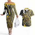 Personalised Richmond Tigers Couples Matching Off The Shoulder Long Sleeve Dress and Hawaiian Shirt Trippy Psychedelic Abstract Art Mascot Football Fans
