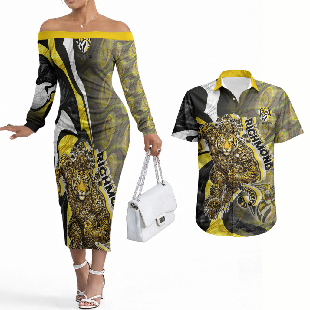 Personalised Richmond Tigers Couples Matching Off The Shoulder Long Sleeve Dress and Hawaiian Shirt Trippy Psychedelic Abstract Art Mascot Football Fans