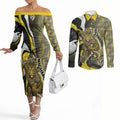 Personalised Richmond Tigers Couples Matching Off The Shoulder Long Sleeve Dress and Long Sleeve Button Shirt Trippy Psychedelic Abstract Art Mascot Football Fans