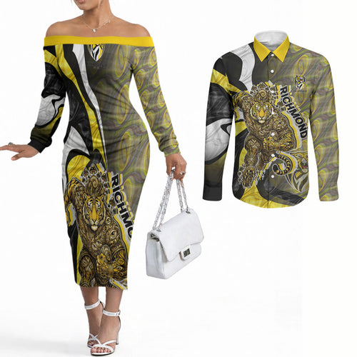 Personalised Richmond Tigers Couples Matching Off The Shoulder Long Sleeve Dress and Long Sleeve Button Shirt Trippy Psychedelic Abstract Art Mascot Football Fans
