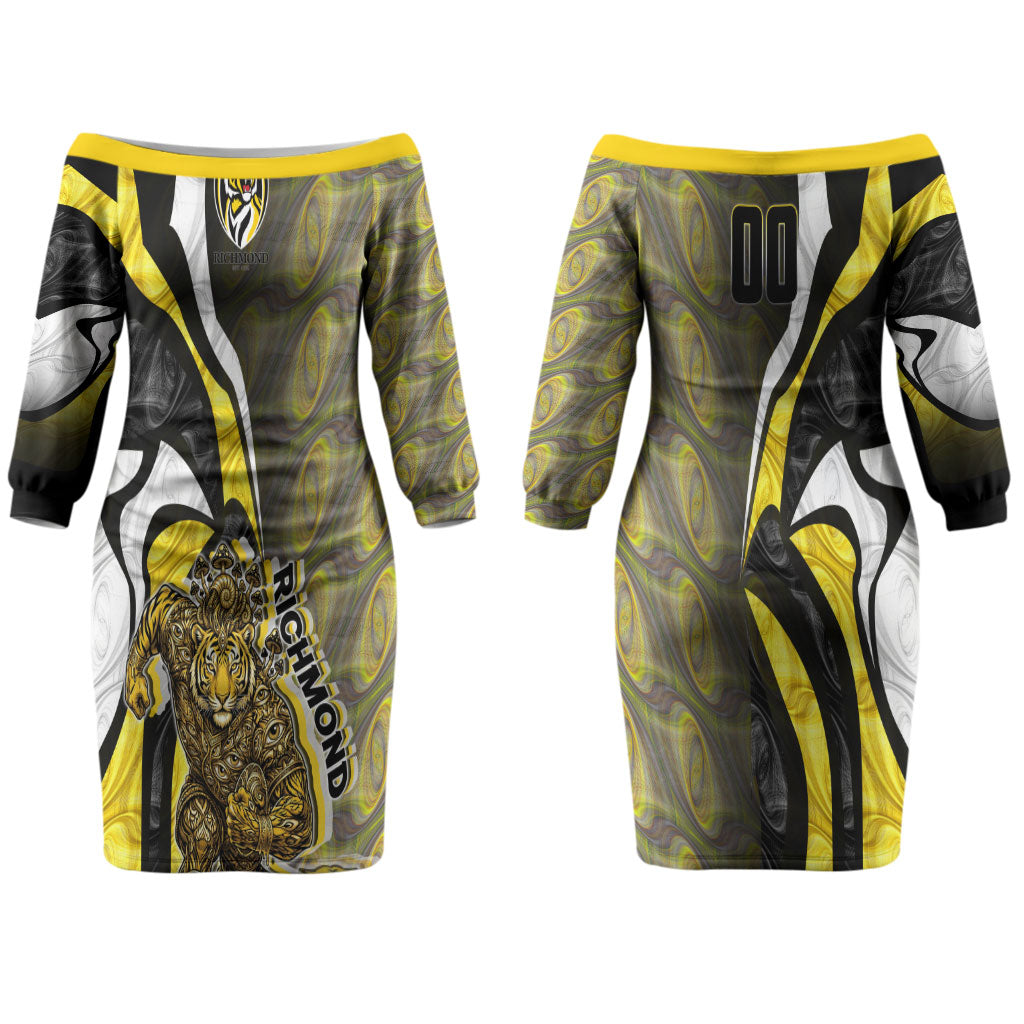 Personalised Richmond Tigers Couples Matching Off The Shoulder Long Sleeve Dress and Long Sleeve Button Shirt Trippy Psychedelic Abstract Art Mascot Football Fans