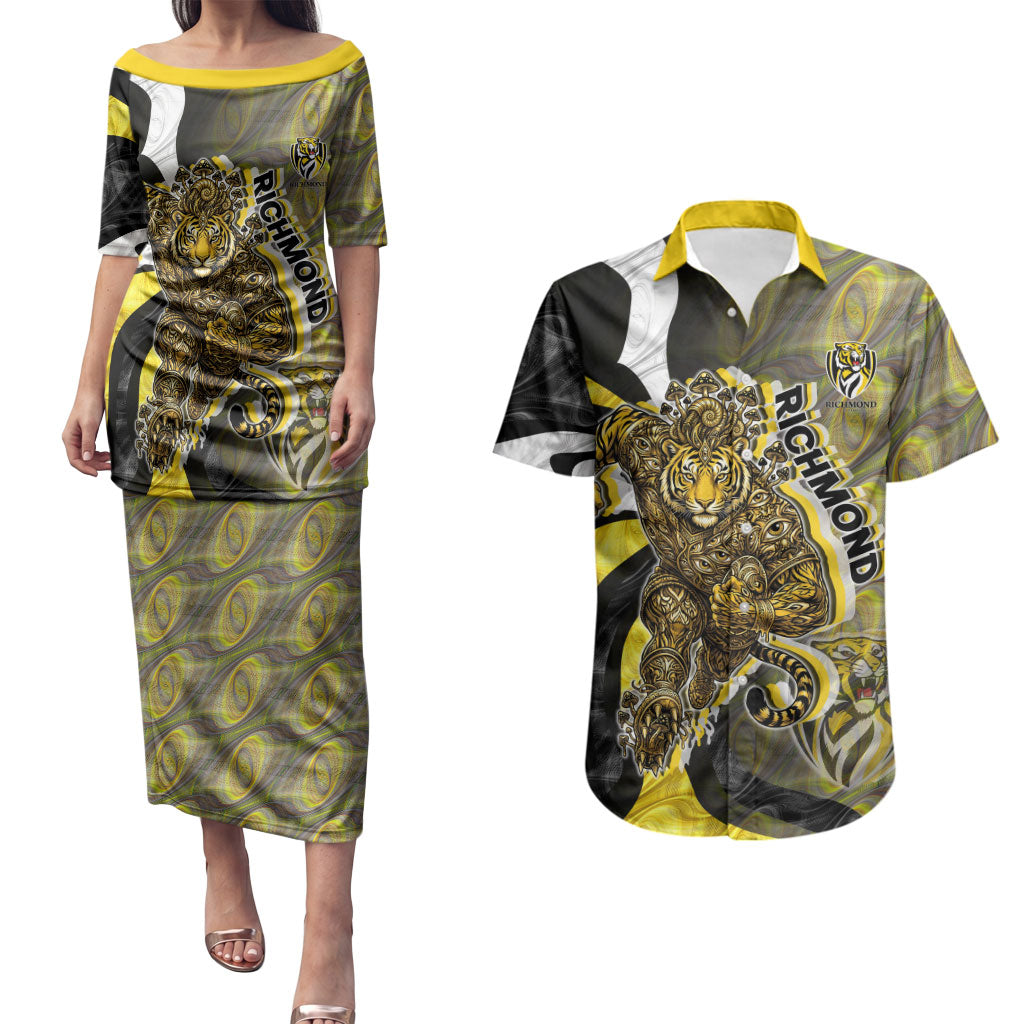 Personalised Richmond Tigers Couples Matching Puletasi and Hawaiian Shirt Trippy Psychedelic Abstract Art Mascot Football Fans