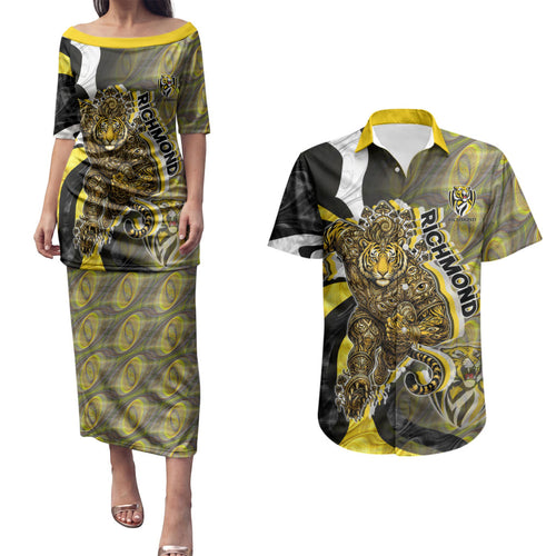 Personalised Richmond Tigers Couples Matching Puletasi and Hawaiian Shirt Trippy Psychedelic Abstract Art Mascot Football Fans