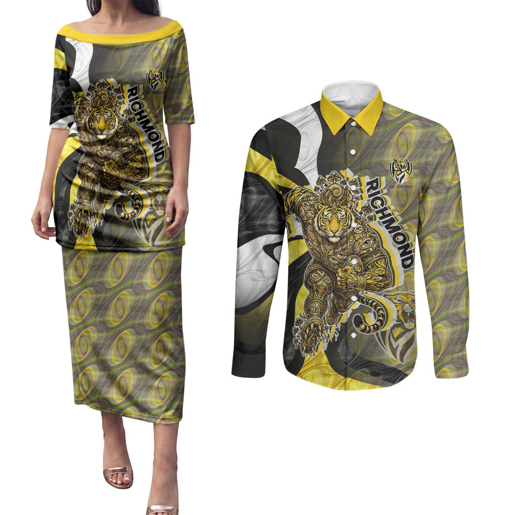 Personalised Richmond Tigers Couples Matching Puletasi and Long Sleeve Button Shirt Trippy Psychedelic Abstract Art Mascot Football Fans