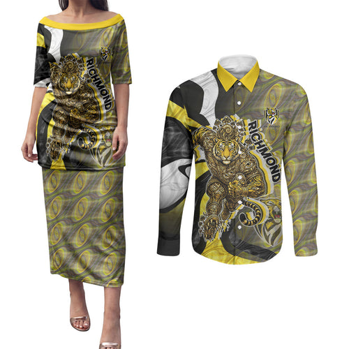 Personalised Richmond Tigers Couples Matching Puletasi and Long Sleeve Button Shirt Trippy Psychedelic Abstract Art Mascot Football Fans