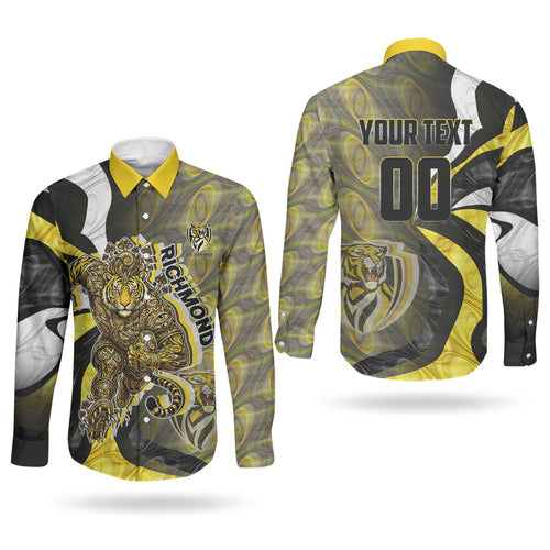 Personalised Richmond Tigers Couples Matching Puletasi and Long Sleeve Button Shirt Trippy Psychedelic Abstract Art Mascot Football Fans