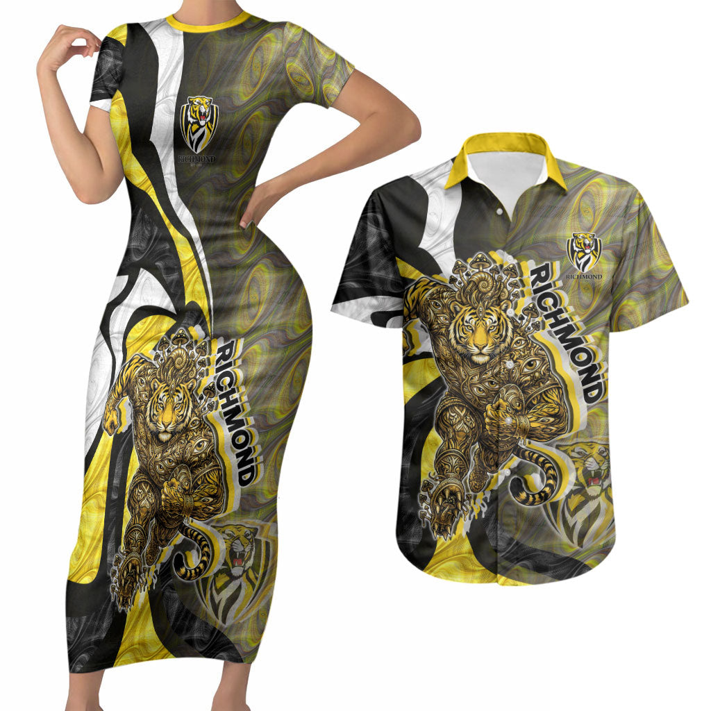 Personalised Richmond Tigers Couples Matching Short Sleeve Bodycon Dress and Hawaiian Shirt Trippy Psychedelic Abstract Art Mascot Football Fans