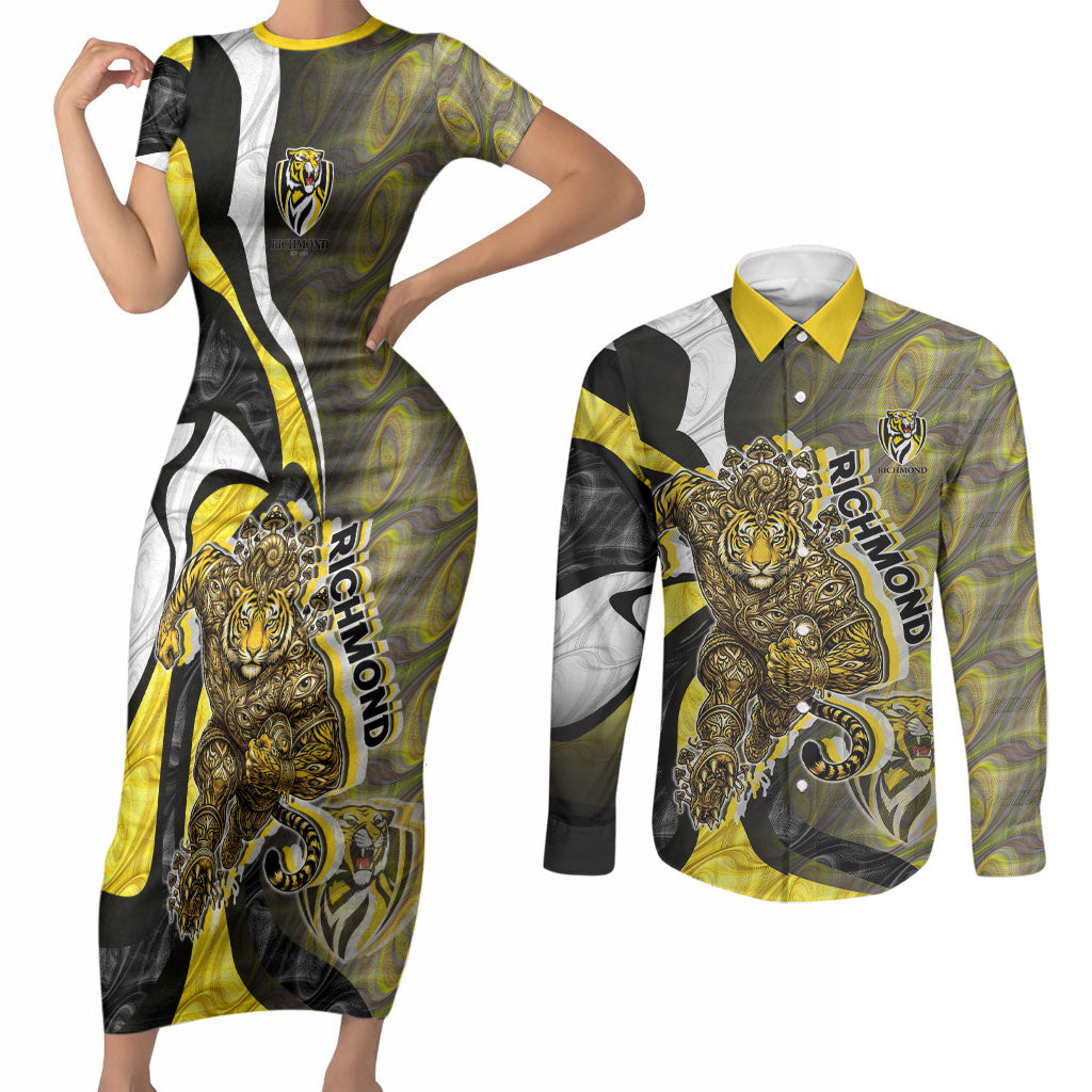 Personalised Richmond Tigers Couples Matching Short Sleeve Bodycon Dress and Long Sleeve Button Shirt Trippy Psychedelic Abstract Art Mascot Football Fans