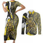Personalised Richmond Tigers Couples Matching Short Sleeve Bodycon Dress and Long Sleeve Button Shirt Trippy Psychedelic Abstract Art Mascot Football Fans