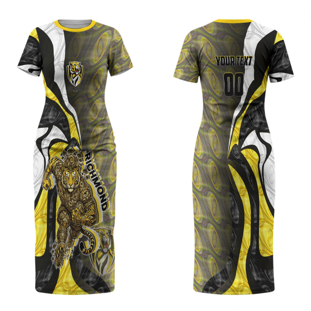 Personalised Richmond Tigers Couples Matching Short Sleeve Bodycon Dress and Long Sleeve Button Shirt Trippy Psychedelic Abstract Art Mascot Football Fans
