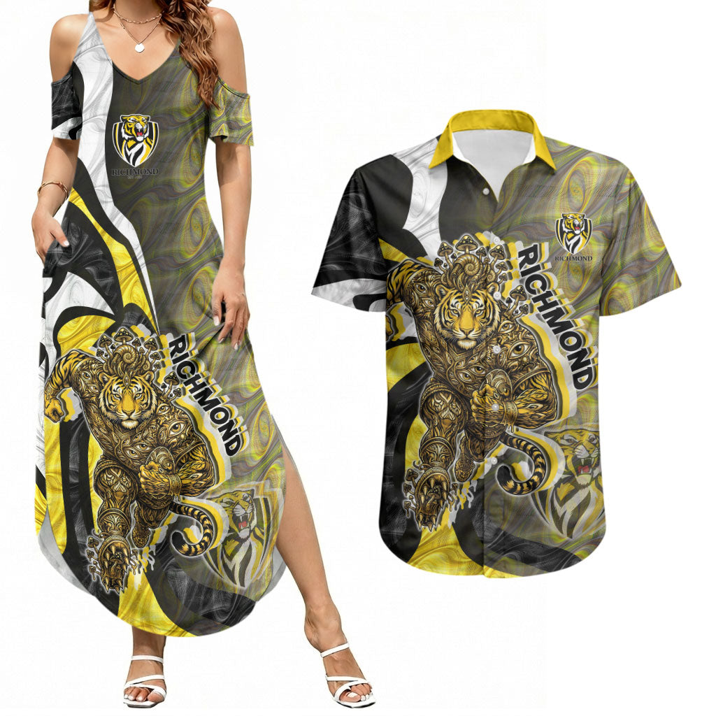 Personalised Richmond Tigers Couples Matching Summer Maxi Dress and Hawaiian Shirt Trippy Psychedelic Abstract Art Mascot Football Fans