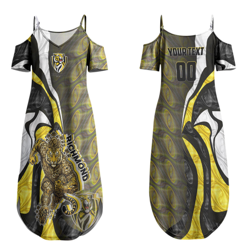 Personalised Richmond Tigers Couples Matching Summer Maxi Dress and Hawaiian Shirt Trippy Psychedelic Abstract Art Mascot Football Fans