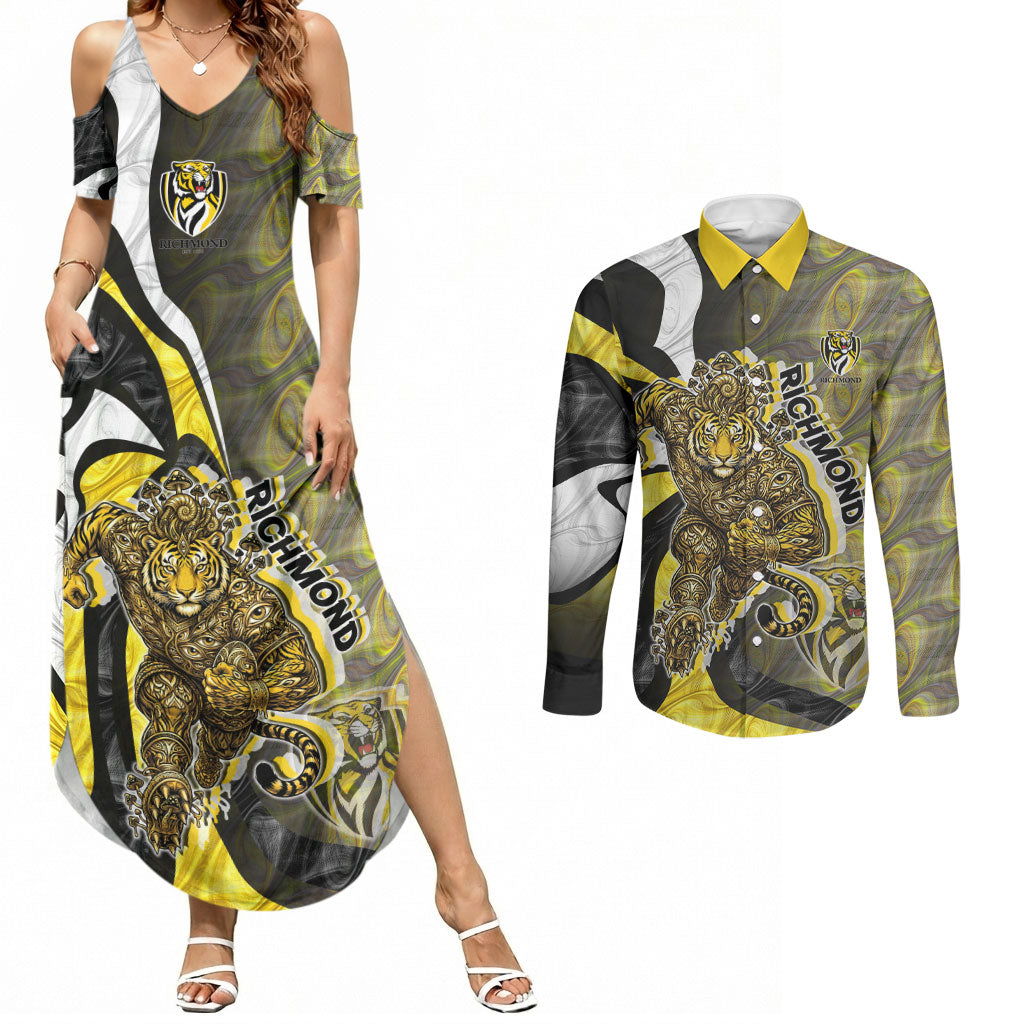 Personalised Richmond Tigers Couples Matching Summer Maxi Dress and Long Sleeve Button Shirt Trippy Psychedelic Abstract Art Mascot Football Fans