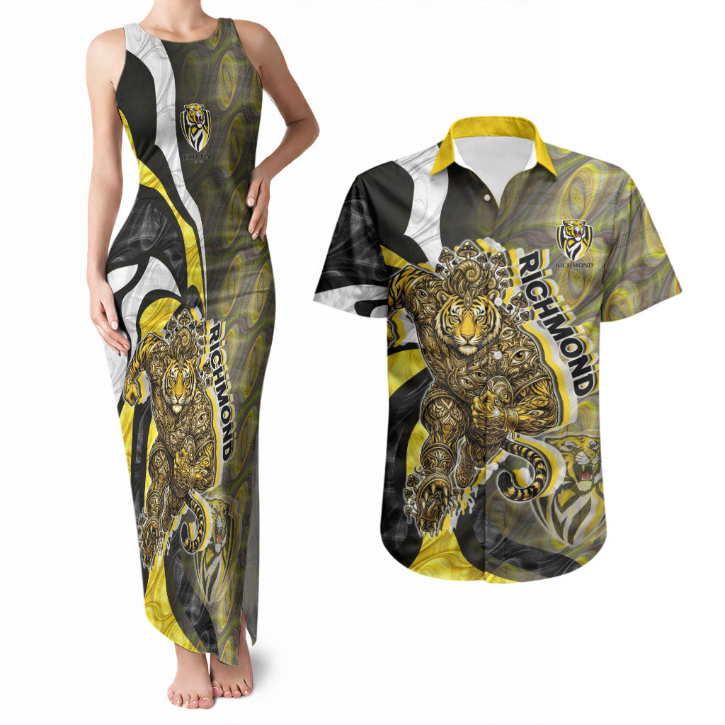 Personalised Richmond Tigers Couples Matching Tank Maxi Dress and Hawaiian Shirt Trippy Psychedelic Abstract Art Mascot Football Fans
