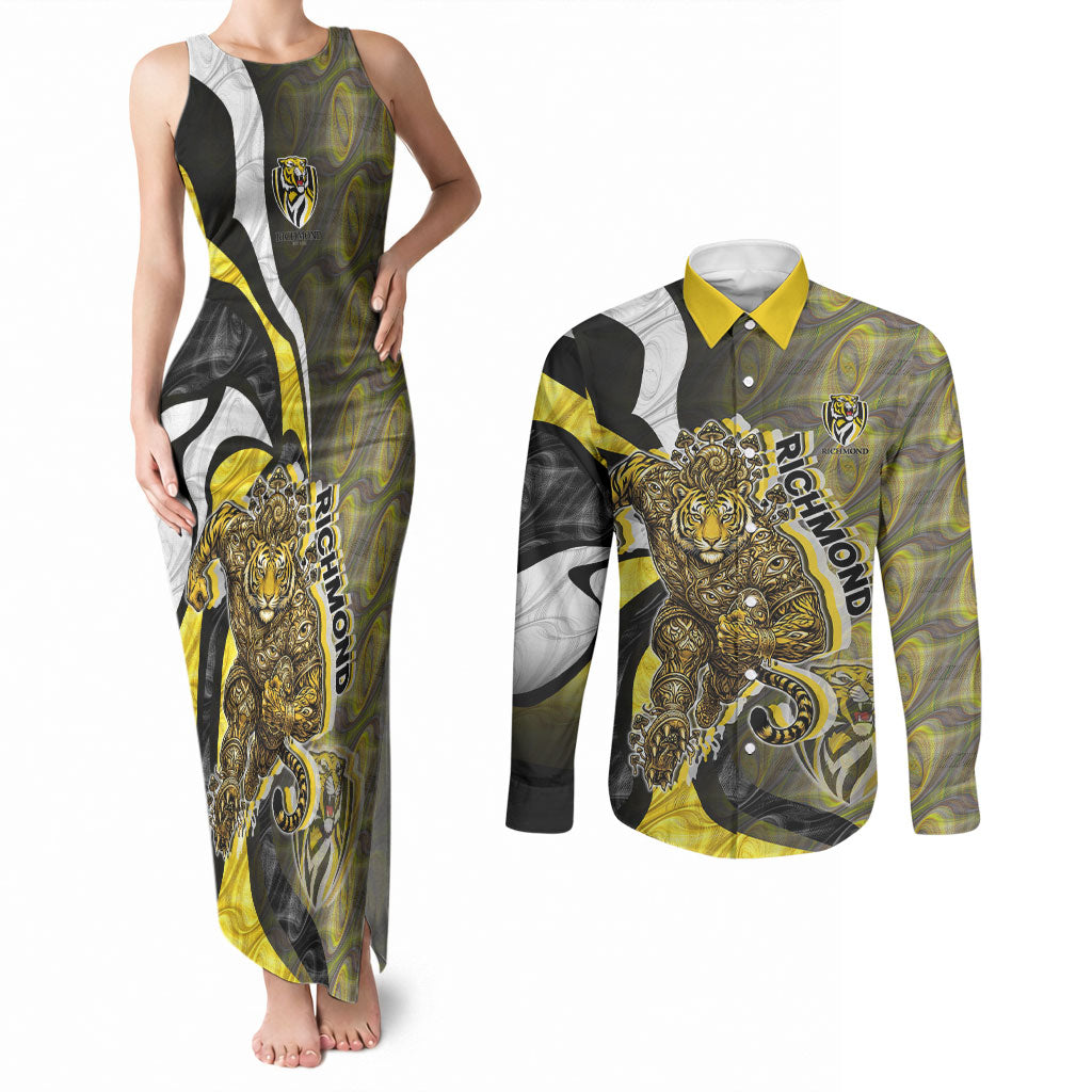 Personalised Richmond Tigers Couples Matching Tank Maxi Dress and Long Sleeve Button Shirt Trippy Psychedelic Abstract Art Mascot Football Fans