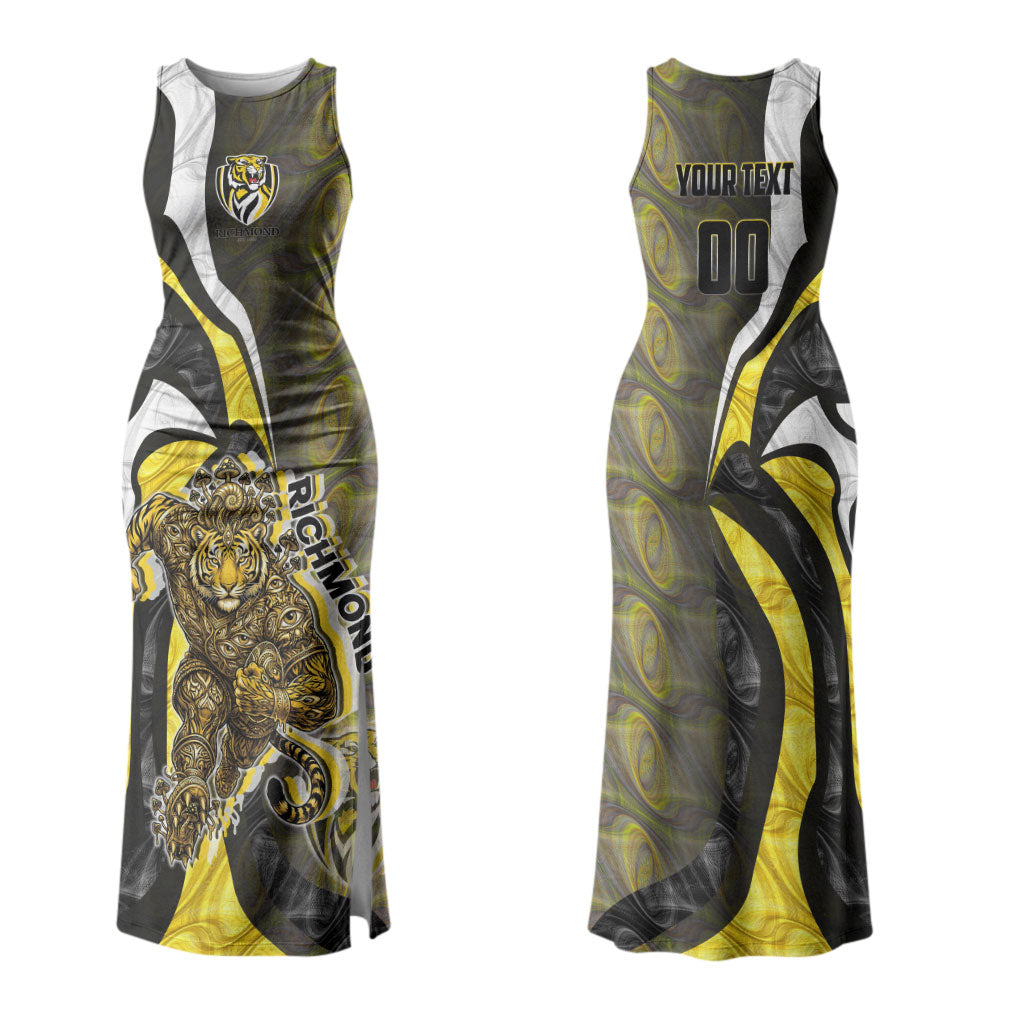 Personalised Richmond Tigers Couples Matching Tank Maxi Dress and Long Sleeve Button Shirt Trippy Psychedelic Abstract Art Mascot Football Fans