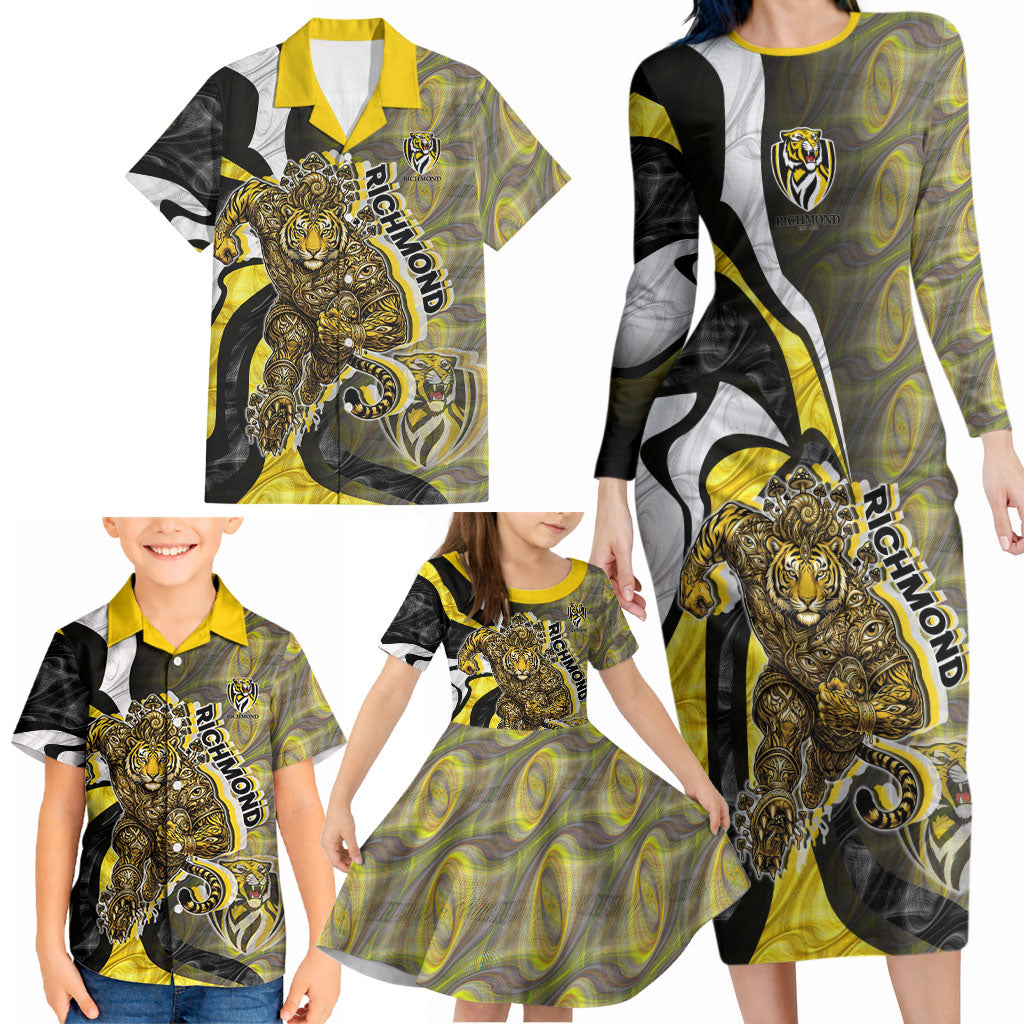Personalised Richmond Tigers Family Matching Long Sleeve Bodycon Dress and Hawaiian Shirt Trippy Psychedelic Abstract Art Mascot Football Fans