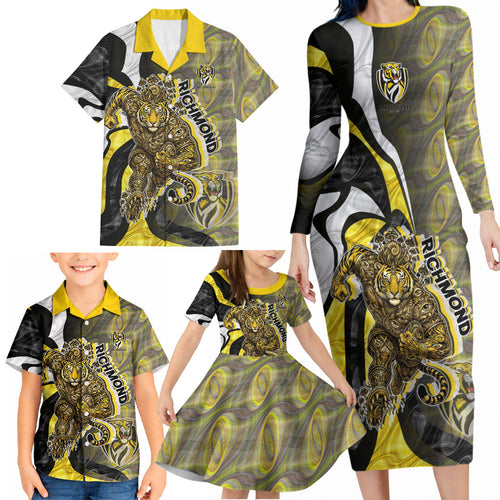 Personalised Richmond Tigers Family Matching Long Sleeve Bodycon Dress and Hawaiian Shirt Trippy Psychedelic Abstract Art Mascot Football Fans