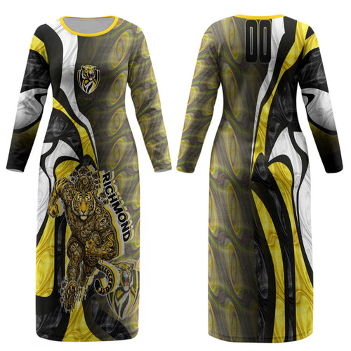 Personalised Richmond Tigers Family Matching Long Sleeve Bodycon Dress and Hawaiian Shirt Trippy Psychedelic Abstract Art Mascot Football Fans