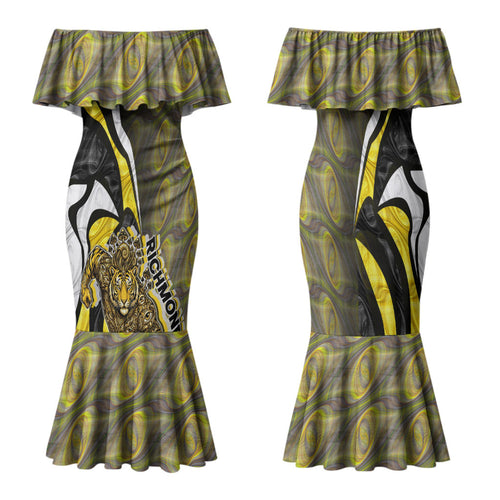 Personalised Richmond Tigers Family Matching Mermaid Dress and Hawaiian Shirt Trippy Psychedelic Abstract Art Mascot Football Fans