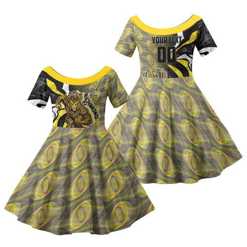 Personalised Richmond Tigers Family Matching Mermaid Dress and Hawaiian Shirt Trippy Psychedelic Abstract Art Mascot Football Fans