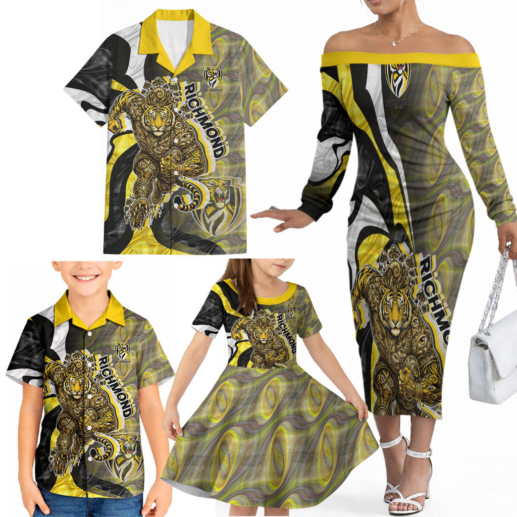 Personalised Richmond Tigers Family Matching Off The Shoulder Long Sleeve Dress and Hawaiian Shirt Trippy Psychedelic Abstract Art Mascot Football Fans