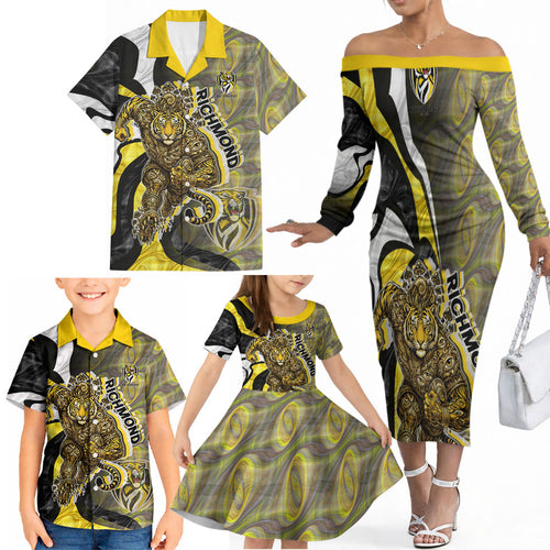 Personalised Richmond Tigers Family Matching Off The Shoulder Long Sleeve Dress and Hawaiian Shirt Trippy Psychedelic Abstract Art Mascot Football Fans
