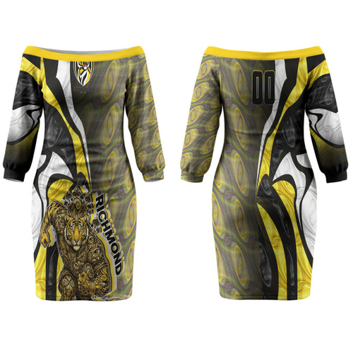 Personalised Richmond Tigers Family Matching Off The Shoulder Long Sleeve Dress and Hawaiian Shirt Trippy Psychedelic Abstract Art Mascot Football Fans