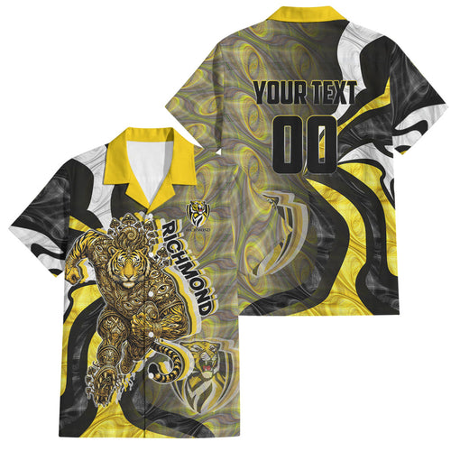 Personalised Richmond Tigers Family Matching Off The Shoulder Long Sleeve Dress and Hawaiian Shirt Trippy Psychedelic Abstract Art Mascot Football Fans
