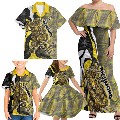Personalised Richmond Tigers Family Matching Off Shoulder Maxi Dress and Hawaiian Shirt Trippy Psychedelic Abstract Art Mascot Football Fans