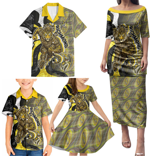 Personalised Richmond Tigers Family Matching Puletasi and Hawaiian Shirt Trippy Psychedelic Abstract Art Mascot Football Fans
