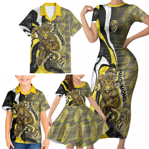 Personalised Richmond Tigers Family Matching Short Sleeve Bodycon Dress and Hawaiian Shirt Trippy Psychedelic Abstract Art Mascot Football Fans