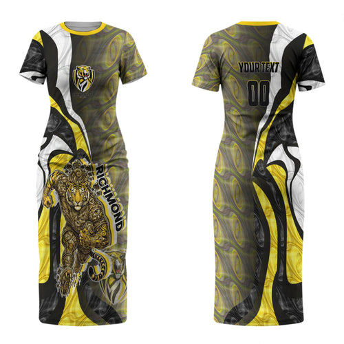 Personalised Richmond Tigers Family Matching Short Sleeve Bodycon Dress and Hawaiian Shirt Trippy Psychedelic Abstract Art Mascot Football Fans