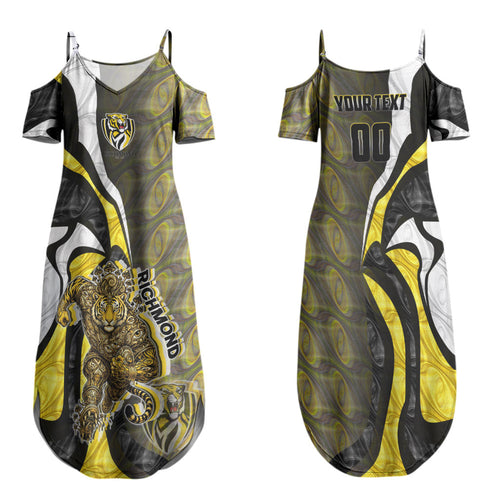 Personalised Richmond Tigers Family Matching Summer Maxi Dress and Hawaiian Shirt Trippy Psychedelic Abstract Art Mascot Football Fans