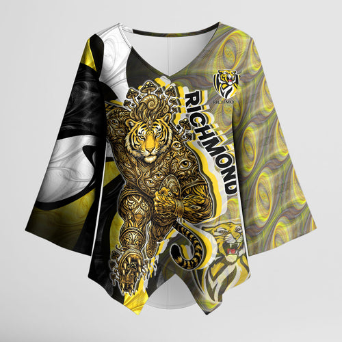 Personalised Richmond Tigers Kimono Sleeve Blouse Trippy Psychedelic Abstract Art Mascot Football Fans