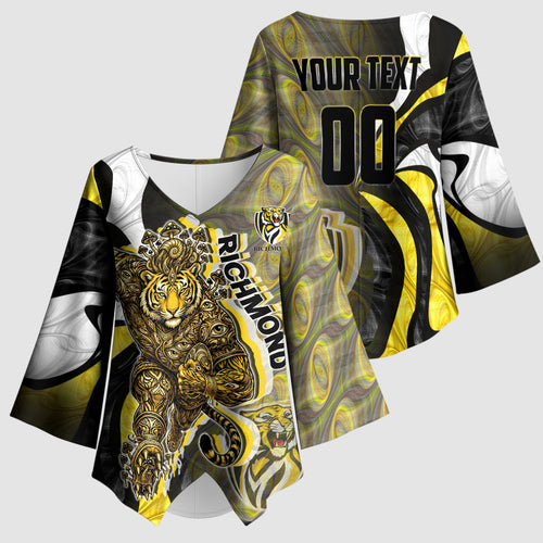 Personalised Richmond Tigers Kimono Sleeve Blouse Trippy Psychedelic Abstract Art Mascot Football Fans