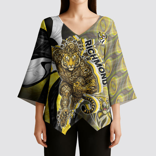 Personalised Richmond Tigers Kimono Sleeve Blouse Trippy Psychedelic Abstract Art Mascot Football Fans