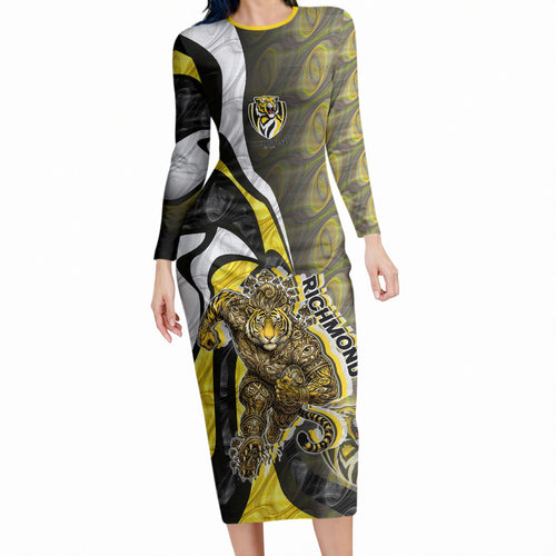 Personalised Richmond Tigers Long Sleeve Bodycon Dress Trippy Psychedelic Abstract Art Mascot Football Fans