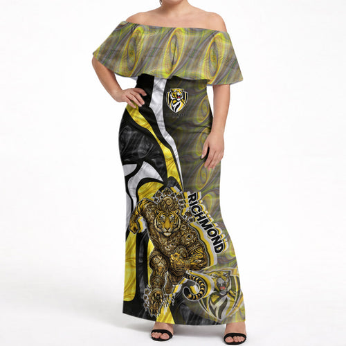 Personalised Richmond Tigers Off Shoulder Maxi Dress Trippy Psychedelic Abstract Art Mascot Football Fans