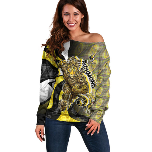 Personalised Richmond Tigers Off Shoulder Sweater Trippy Psychedelic Abstract Art Mascot Football Fans