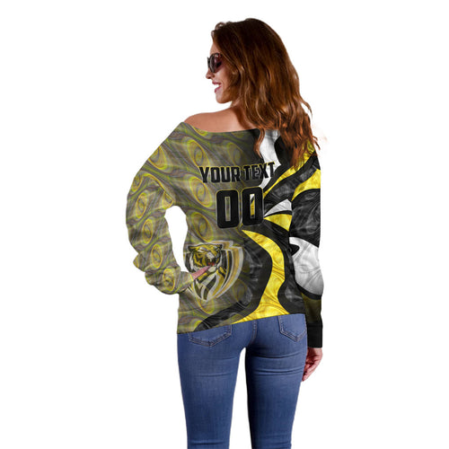 Personalised Richmond Tigers Off Shoulder Sweater Trippy Psychedelic Abstract Art Mascot Football Fans
