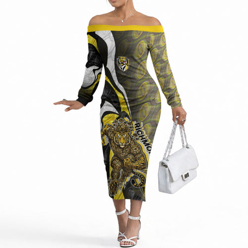 Personalised Richmond Tigers Off The Shoulder Long Sleeve Dress Trippy Psychedelic Abstract Art Mascot Football Fans