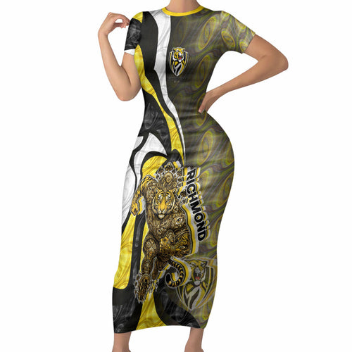 Personalised Richmond Tigers Short Sleeve Bodycon Dress Trippy Psychedelic Abstract Art Mascot Football Fans