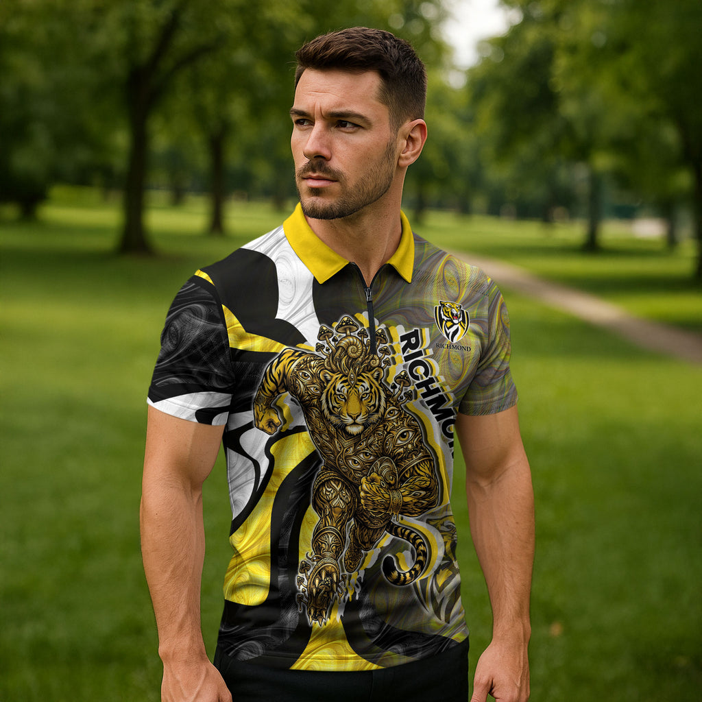 Personalised Richmond Tigers Zipper Polo Shirt Trippy Psychedelic Abstract Art Mascot Football Fans