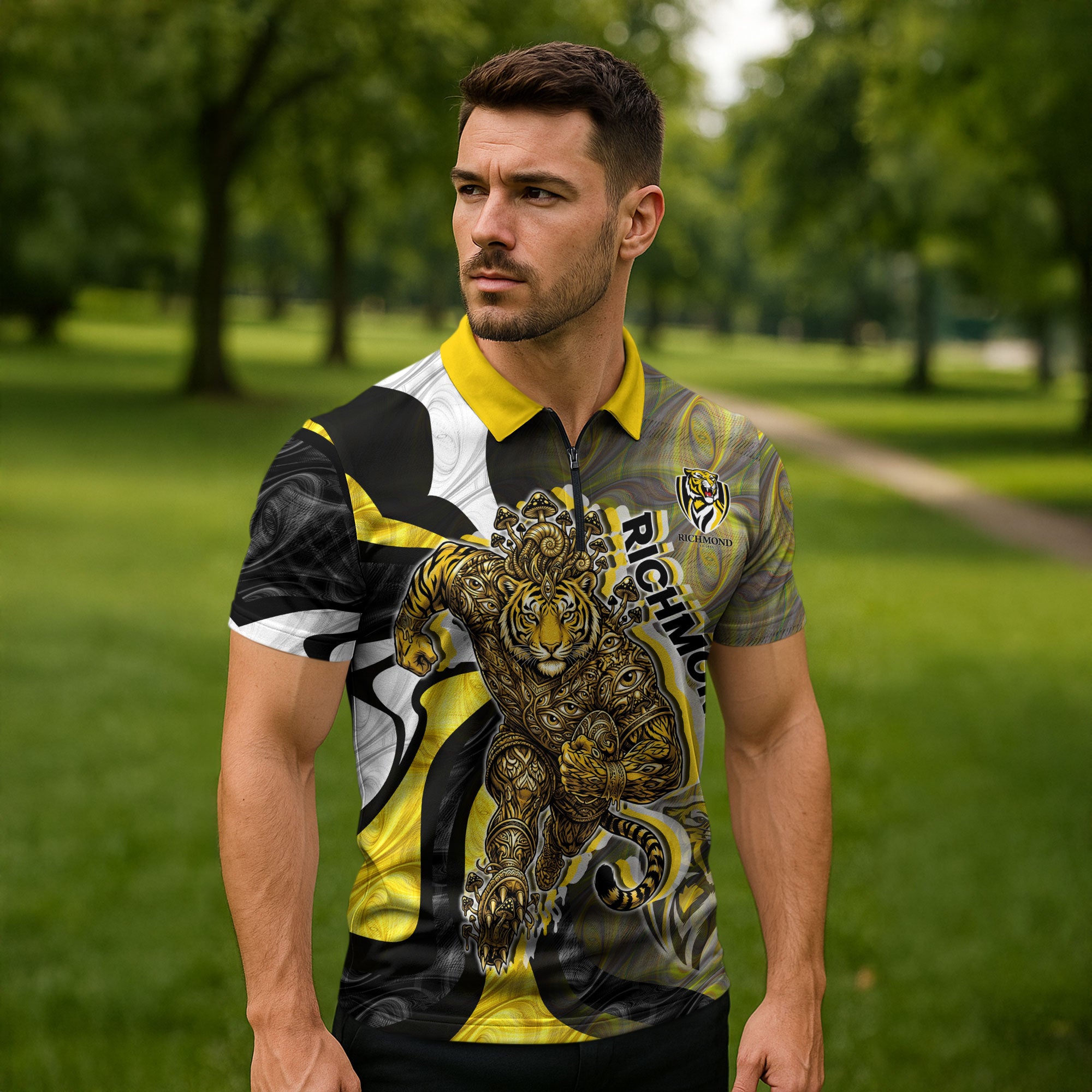 Personalised Richmond Tigers Zipper Polo Shirt Trippy Psychedelic Abstract Art Mascot Football Fans