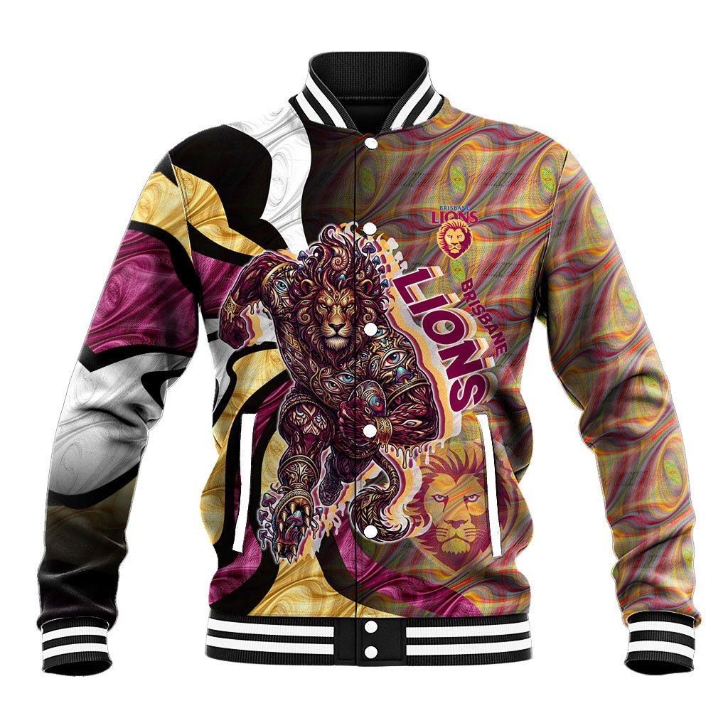 Personalised Brisbane Lions Baseball Jacket Trippy Psychedelic Abstract Art Mascot Football Fans